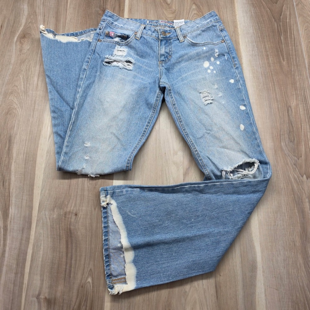Mudd Flare Jeans Y2K Distressed Bleach Splatter Bell Bottom Size 7 Blue Womens